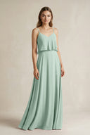 Sage Ruffled Spaghetti Strap A-Line Chiffon Bridesmaid Dress in Sage | KISSBRIDAL