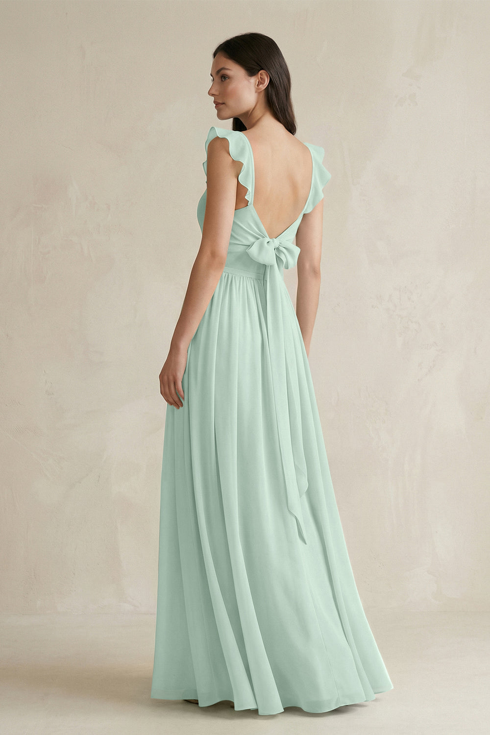 Ruffled Spaghetti Strap Chiffon A-Line Bridesmaid Dress in Sage