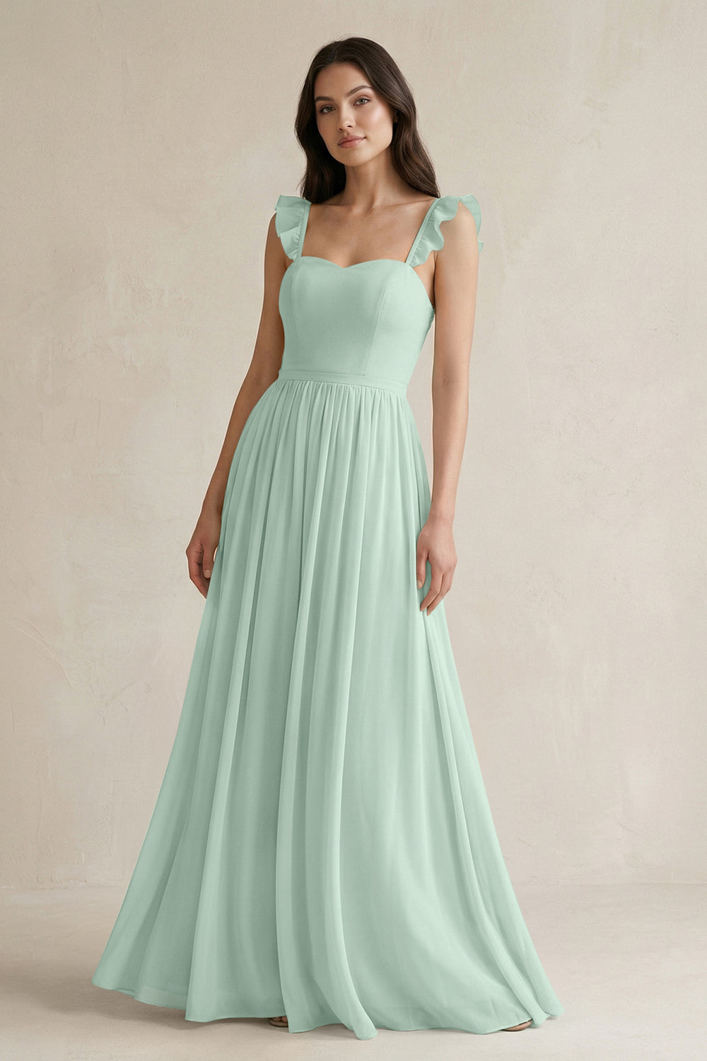 Ruffled Spaghetti Strap Chiffon A-Line Bridesmaid Dress in Sage