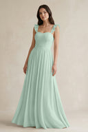 Sage Ruffled Spaghetti Strap Chiffon A-Line Bridesmaid Dress | KISSBRIDAL