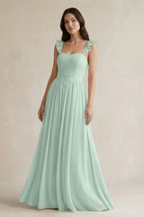 Sage Ruffled Spaghetti Strap Chiffon A-Line Bridesmaid Dress | KISSBRIDAL