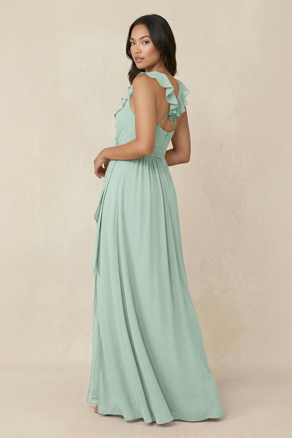 Ruffled V-Neck A-Line Chiffon Bridesmaid Dress in Sage