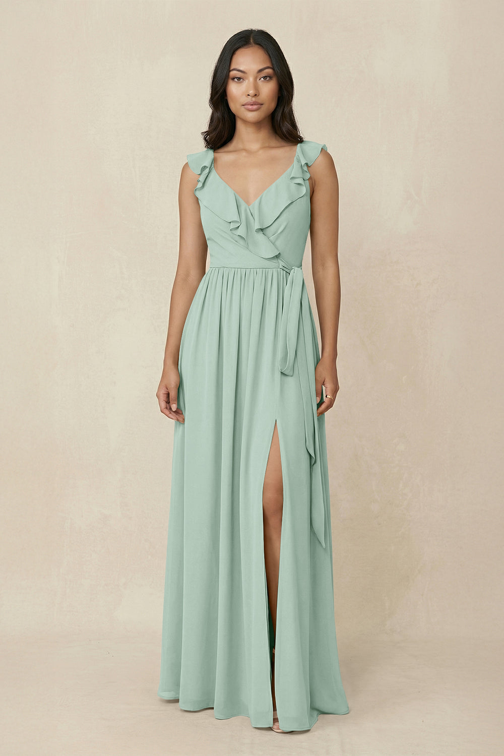 Ruffled V-Neck A-Line Chiffon Bridesmaid Dress in Sage