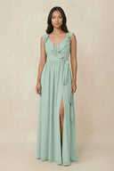 Sage Ruffled V-Neck A-Line Chiffon Bridesmaid Dress | KISSBRIDAL
