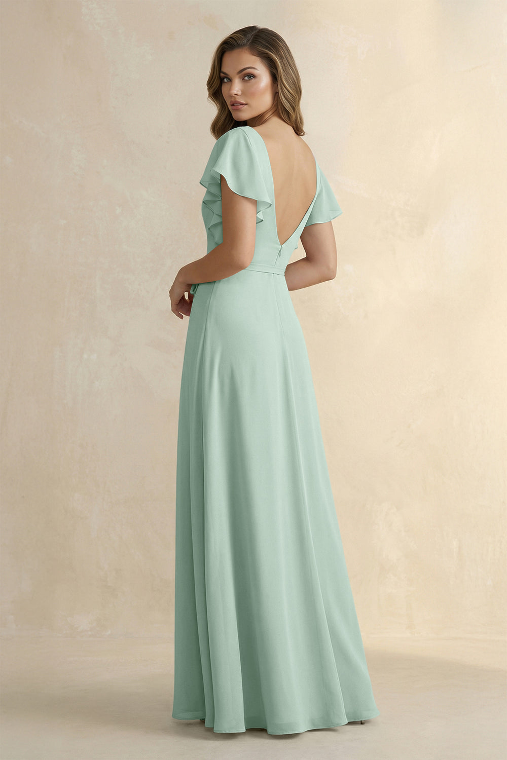 Ruffled V-Neck Chiffon A-Line Bridesmaid Dress in Sage