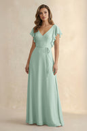 Sage Ruffled V-Neck Chiffon A-Line Bridesmaid Dress | KISSBRIDAL