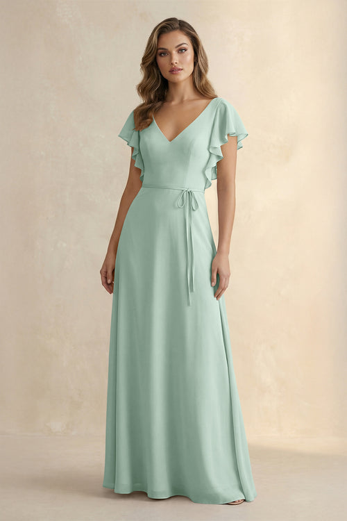 Sage Ruffled V-Neck Chiffon A-Line Bridesmaid Dress | KISSBRIDAL