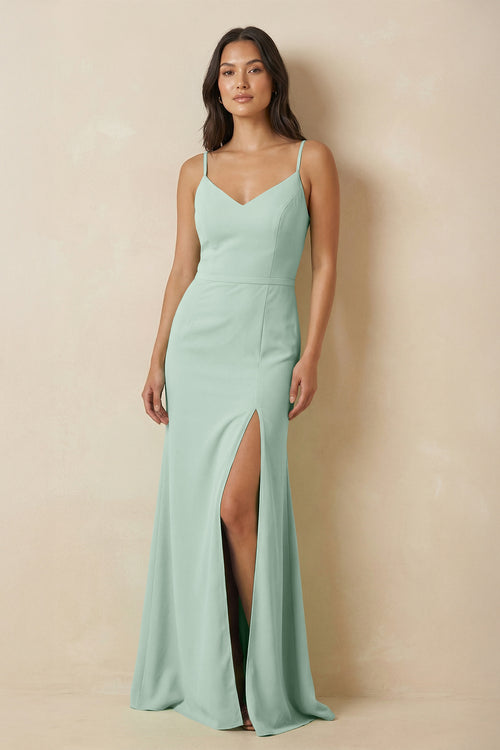Sage Sheath Cami Strap Chiffon Bridesmaid Dress with Slit | KISSBRIDAL