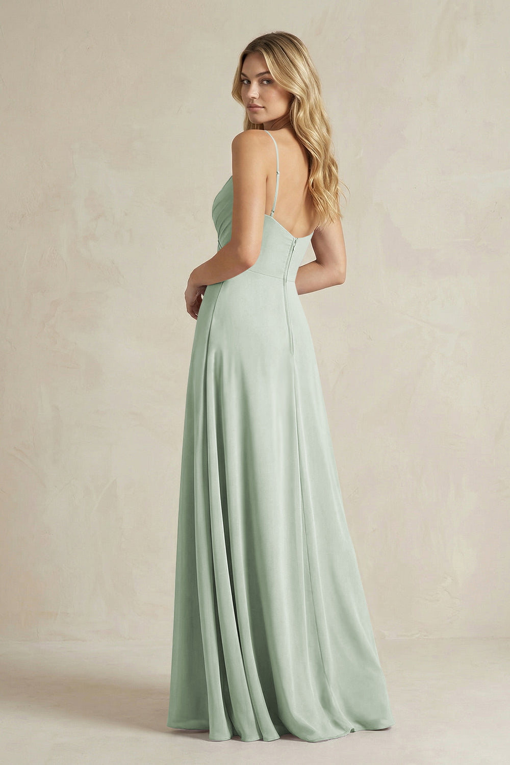 Sheath Cami Strap Ruched Chiffon Bridesmaid Dress in Sage