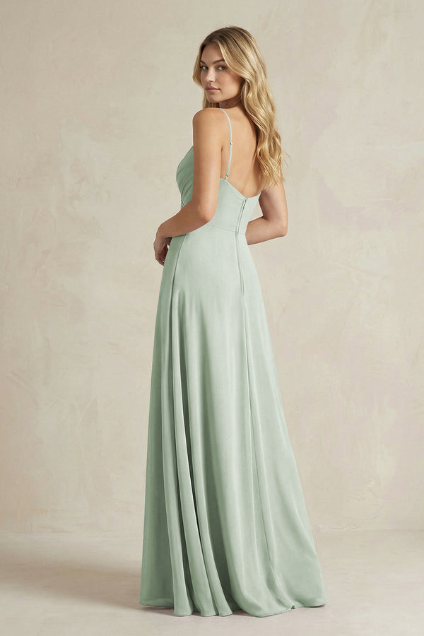 Sage Sheath Cami Strap Ruched Chiffon Bridesmaid Dress (2) | KISSBRIDAL