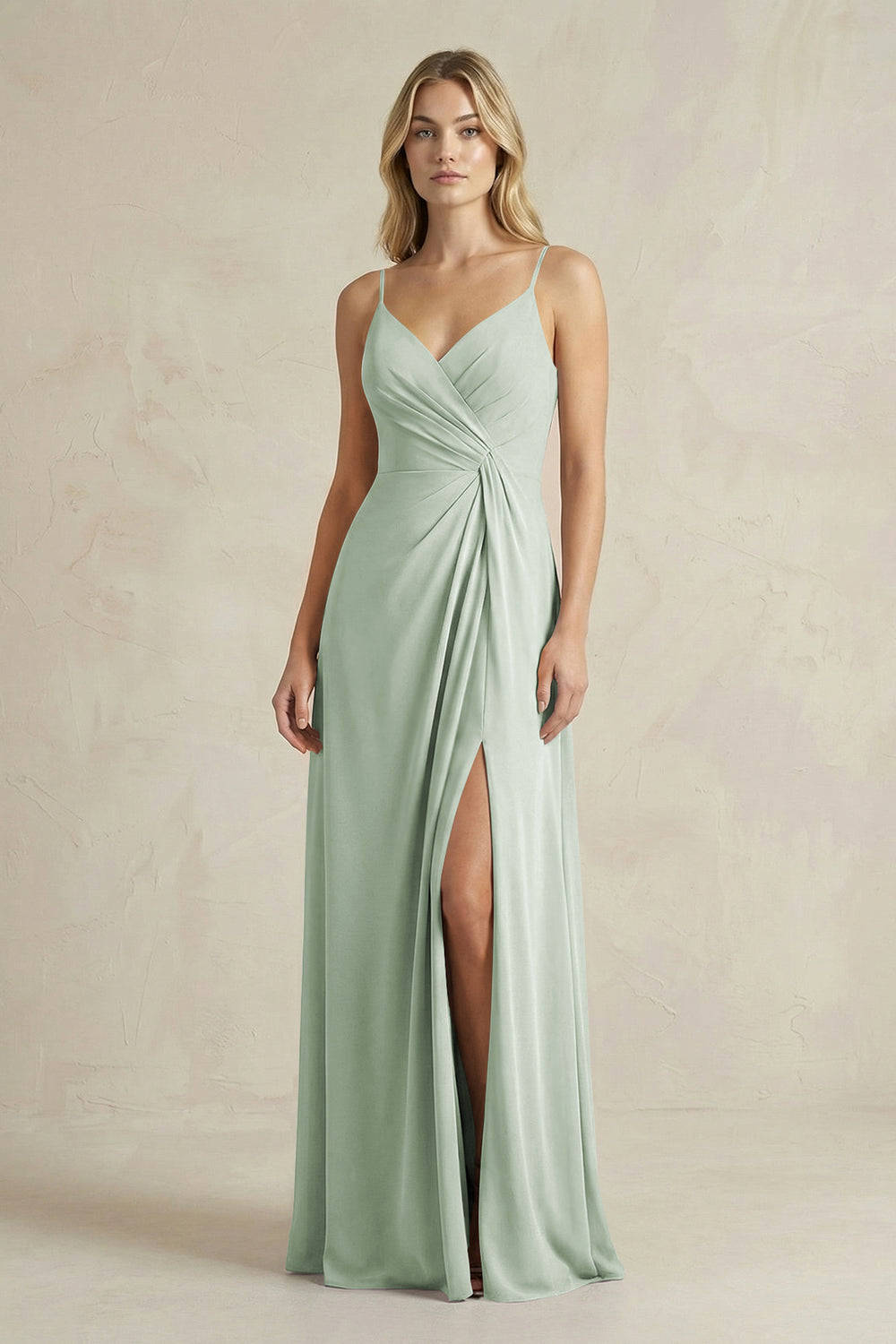 Sheath Cami Strap Ruched Chiffon Bridesmaid Dress in Sage