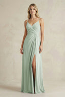 Sage Sheath Cami Strap Ruched Chiffon Bridesmaid Dress | KISSBRIDAL