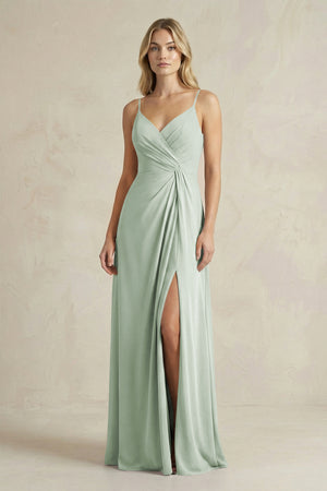 Sage Sheath Cami Strap Ruched Chiffon Bridesmaid Dress | KISSBRIDAL