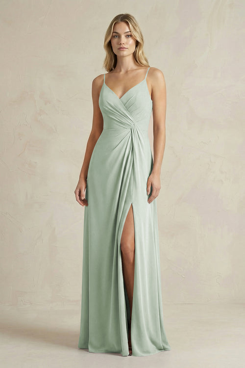 Sage Sheath Cami Strap Ruched Chiffon Bridesmaid Dress | KISSBRIDAL