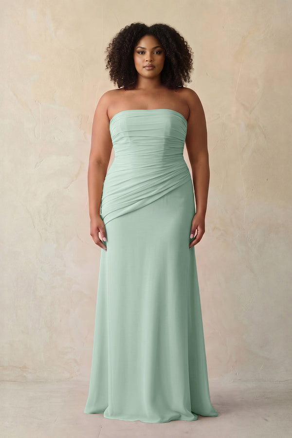 Sage Sheath Chiffon Strapless Pleated Bridesmaid Dress (3) [sizeplus] | KISSBRIDAL