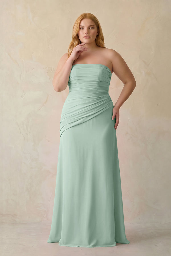 Sage Sheath Chiffon Strapless Pleated Bridesmaid Dress [sizeplus] | KISSBRIDAL