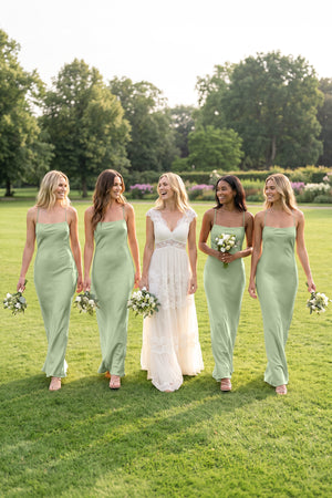 Sage Sheath Satin Spaghetti Strap Bridesmaid Dress | KISSBRIDAL
