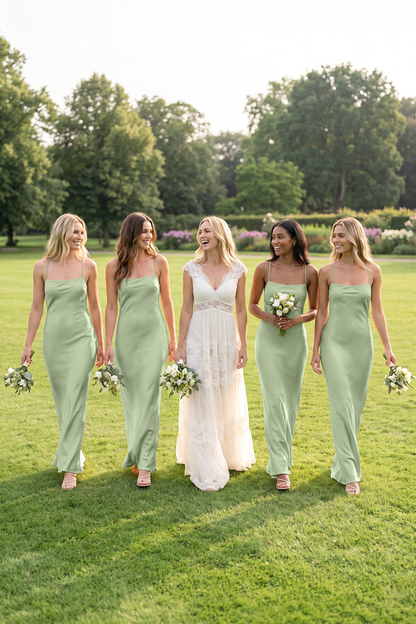 Sage Sheath Satin Spaghetti Strap Bridesmaid Dress | KISSBRIDAL
