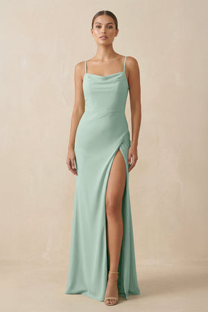Sage Sheath Spaghetti Straps Chiffon Long Bridesmaid Dress | KISSBRIDAL