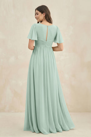 Sage Short Sleeve Chiffon V-Neck A-Line Bridesmaid Dress (2) | KISSBRIDAL