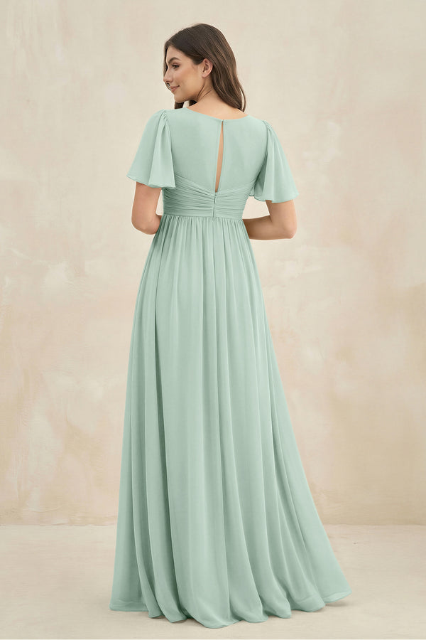 Sage Short Sleeve Chiffon V-Neck A-Line Bridesmaid Dress (2) | KISSBRIDAL