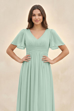 Sage Short Sleeve Chiffon V-Neck A-Line Bridesmaid Dress (3) | KISSBRIDAL