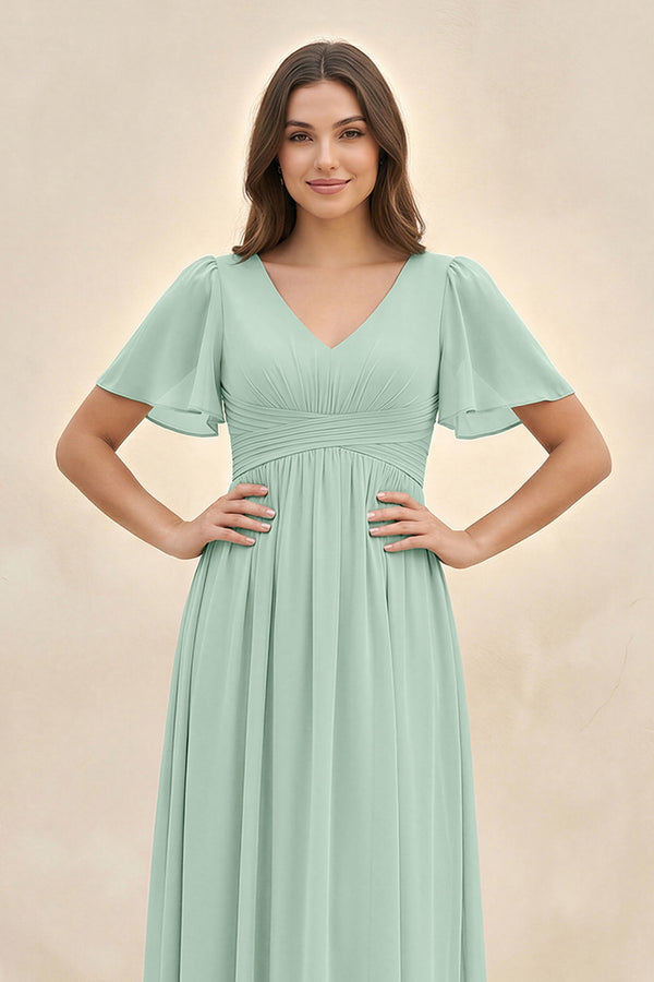 Sage Short Sleeve Chiffon V-Neck A-Line Bridesmaid Dress (3) | KISSBRIDAL