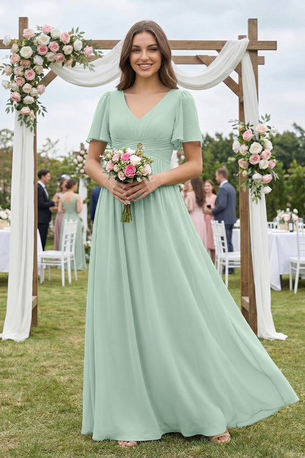 Sage Short Sleeve Chiffon V-Neck A-Line Bridesmaid Dress (4) | KISSBRIDAL