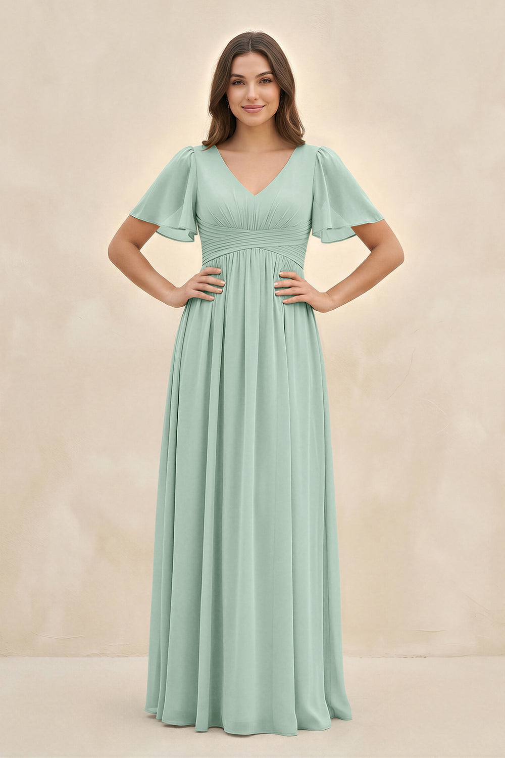 Short Sleeve Chiffon V-Neck A-Line Bridesmaid Dress in Sage