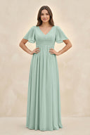 Sage Short Sleeve Chiffon V-Neck A-Line Bridesmaid Dress | KISSBRIDAL
