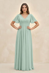 Sage Short Sleeve Chiffon V-Neck A-Line Bridesmaid Dress | KISSBRIDAL