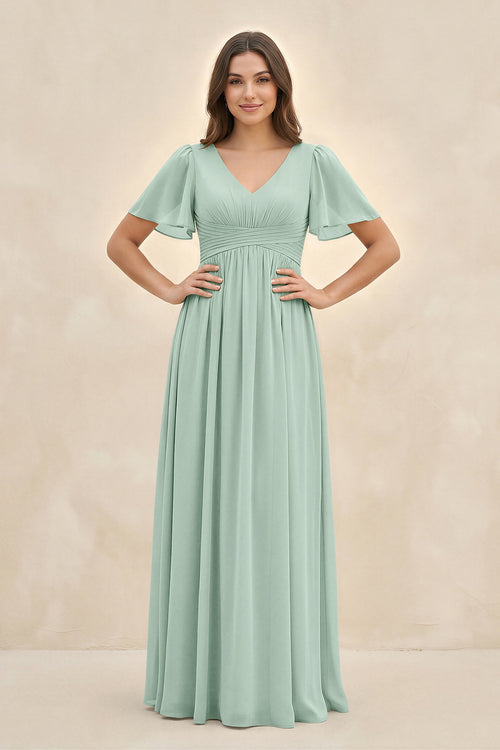 Sage Short Sleeve Chiffon V-Neck A-Line Bridesmaid Dress | KISSBRIDAL