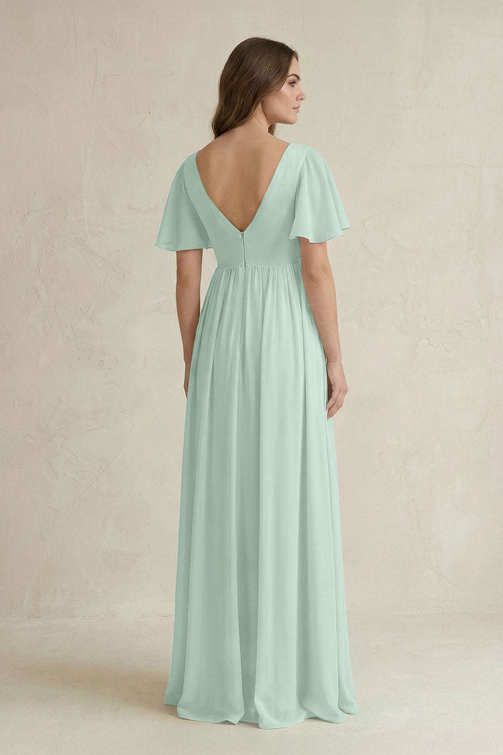 Short Sleeve V-Neck A-Line Chiffon Bridesmaid Dress in Sage