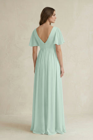 Sage Short Sleeve V-Neck A-Line Chiffon Bridesmaid Dress (2) | KISSBRIDAL