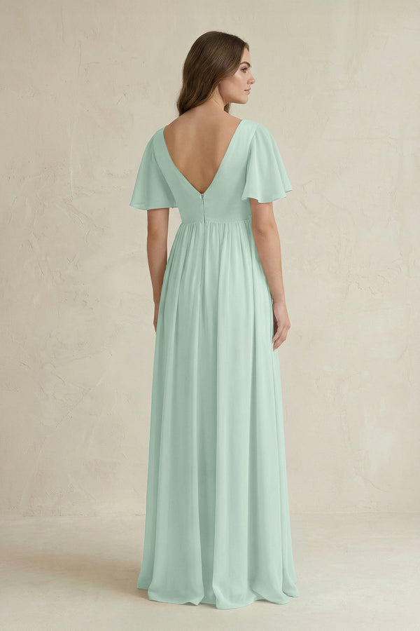 Sage Short Sleeve V-Neck A-Line Chiffon Bridesmaid Dress (2) | KISSBRIDAL