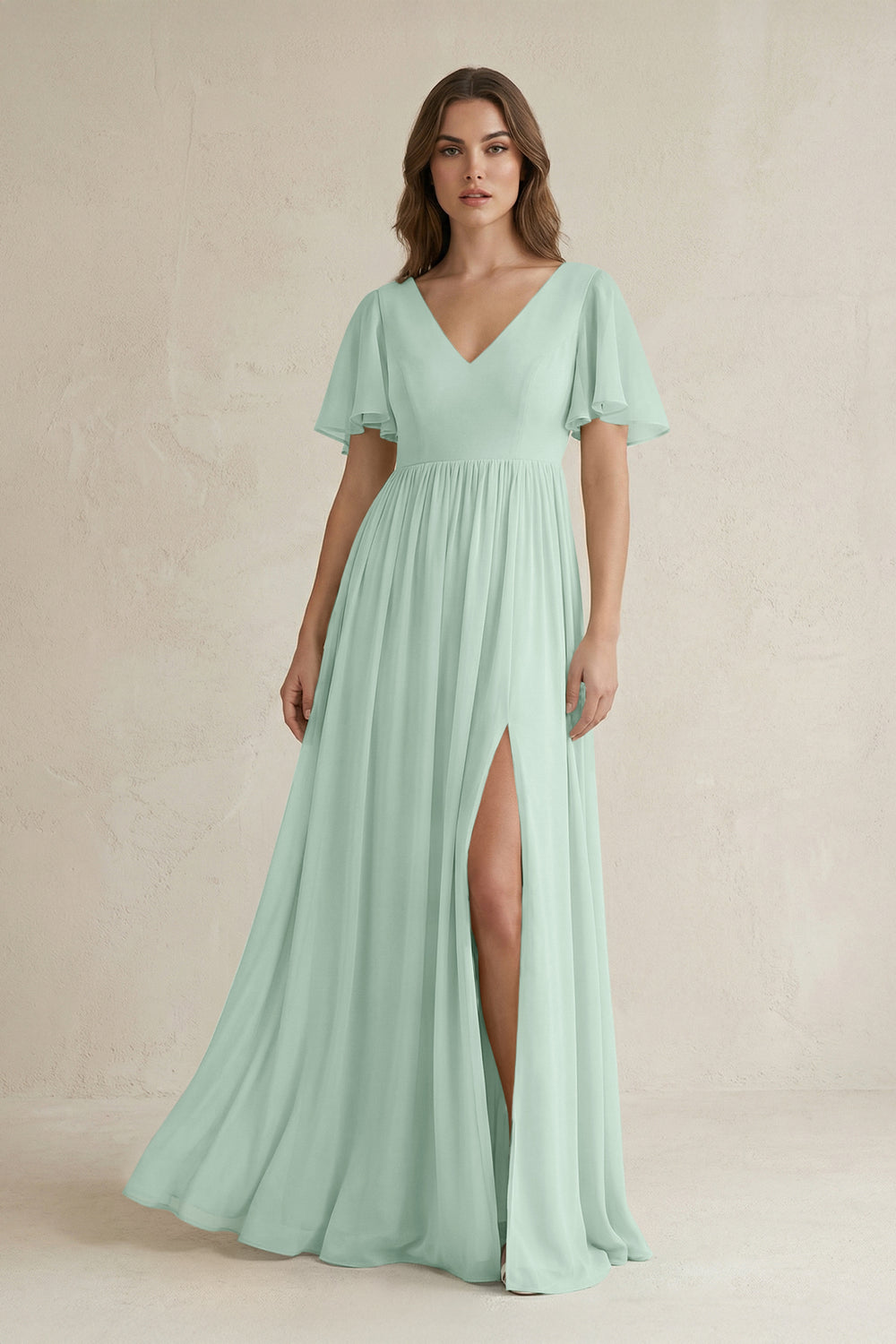 Short Sleeve V-Neck A-Line Chiffon Bridesmaid Dress in Sage