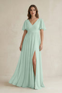Sage Short Sleeve V-Neck A-Line Chiffon Bridesmaid Dress | KISSBRIDAL