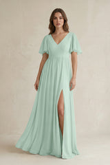 Sage Short Sleeve V-Neck A-Line Chiffon Bridesmaid Dress | KISSBRIDAL