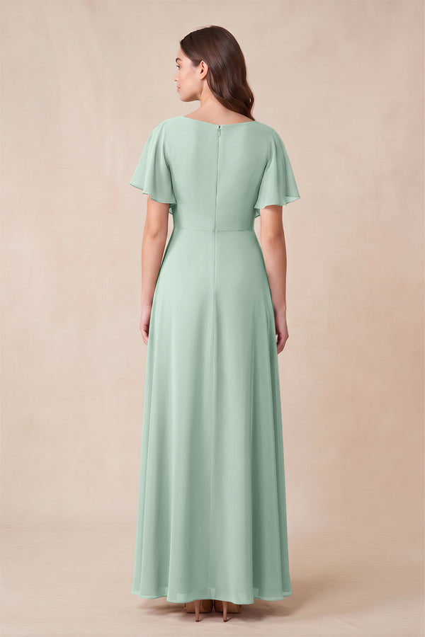 Sage Short Sleeves Bateau A-Line Chiffon Bridesmaid Dress (2) | KISSBRIDAL