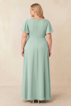 Sage Short Sleeves Bateau A-Line Chiffon Bridesmaid Dress (2) [sizeplus] | KISSBRIDAL