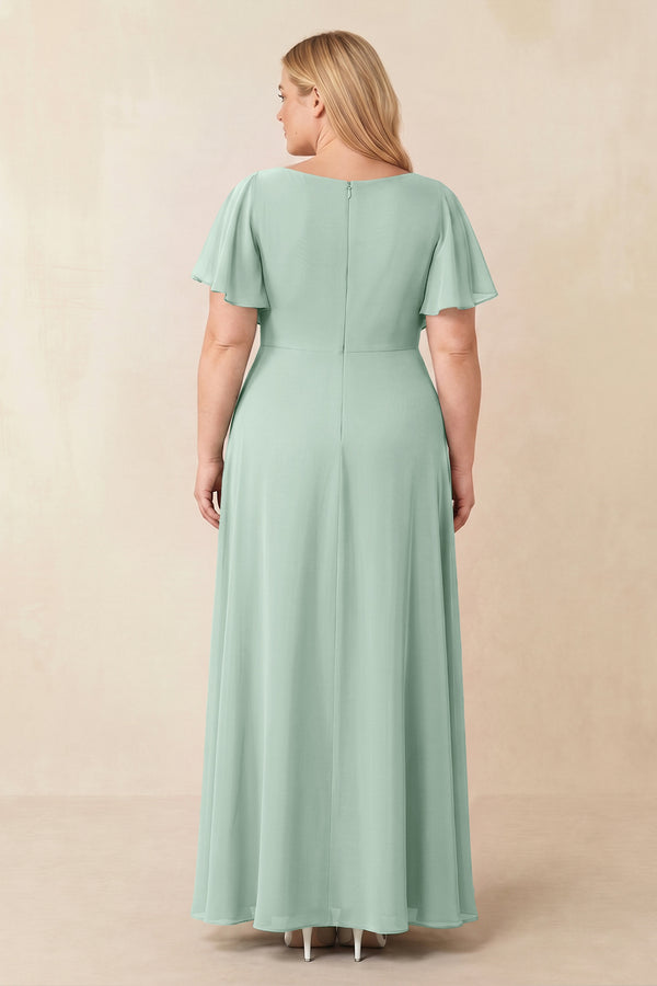 Sage Short Sleeves Bateau A-Line Chiffon Bridesmaid Dress (2) [sizeplus] | KISSBRIDAL
