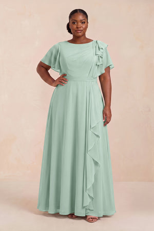 Sage Short Sleeves Bateau A-Line Chiffon Bridesmaid Dress (3) [sizeplus] | KISSBRIDAL