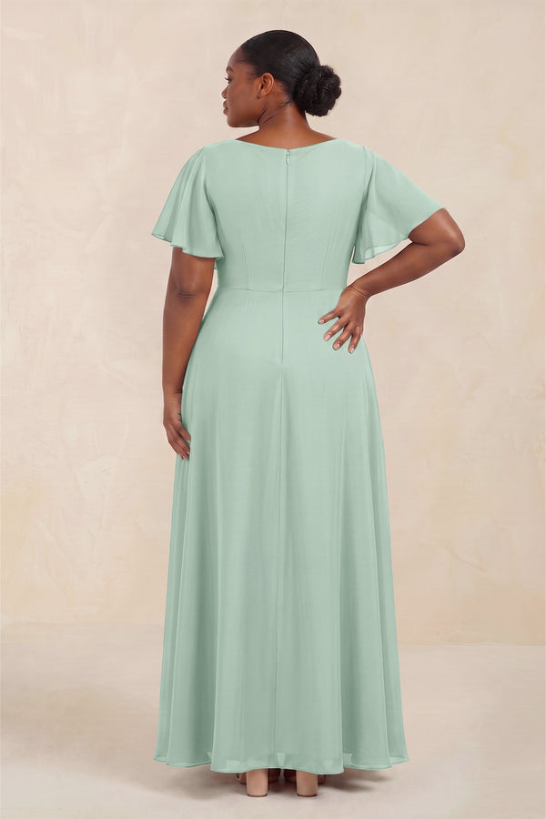 Sage Short Sleeves Bateau A-Line Chiffon Bridesmaid Dress (4) [sizeplus] | KISSBRIDAL
