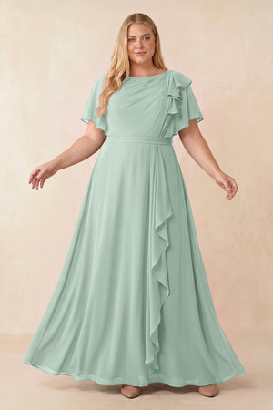 Sage Short Sleeves Bateau A-Line Chiffon Bridesmaid Dress [sizeplus] | KISSBRIDAL
