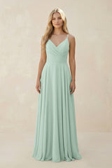 Sage Spaghetti Strap A-Line Chiffon Bridesmaid Dress | KISSBRIDAL