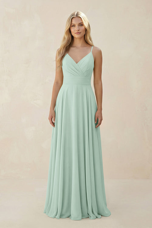 Sage Spaghetti Strap A-Line Chiffon Bridesmaid Dress | KISSBRIDAL