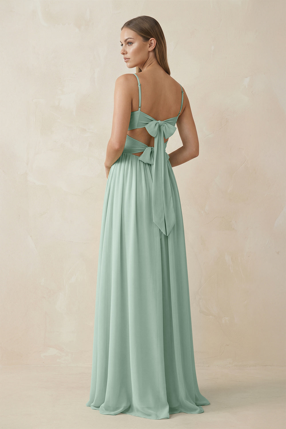 Spaghetti Strap Pleated A-Line Chiffon Bridesmaid Dress in Sage