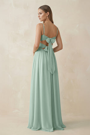 Sage Spaghetti Strap Pleated A-Line Chiffon Bridesmaid Dress (2) | KISSBRIDAL