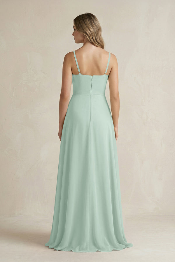 Sage Spaghetti Strap Ruffled A-Line Chiffon Bridesmaid Dress (2) | KISSBRIDAL