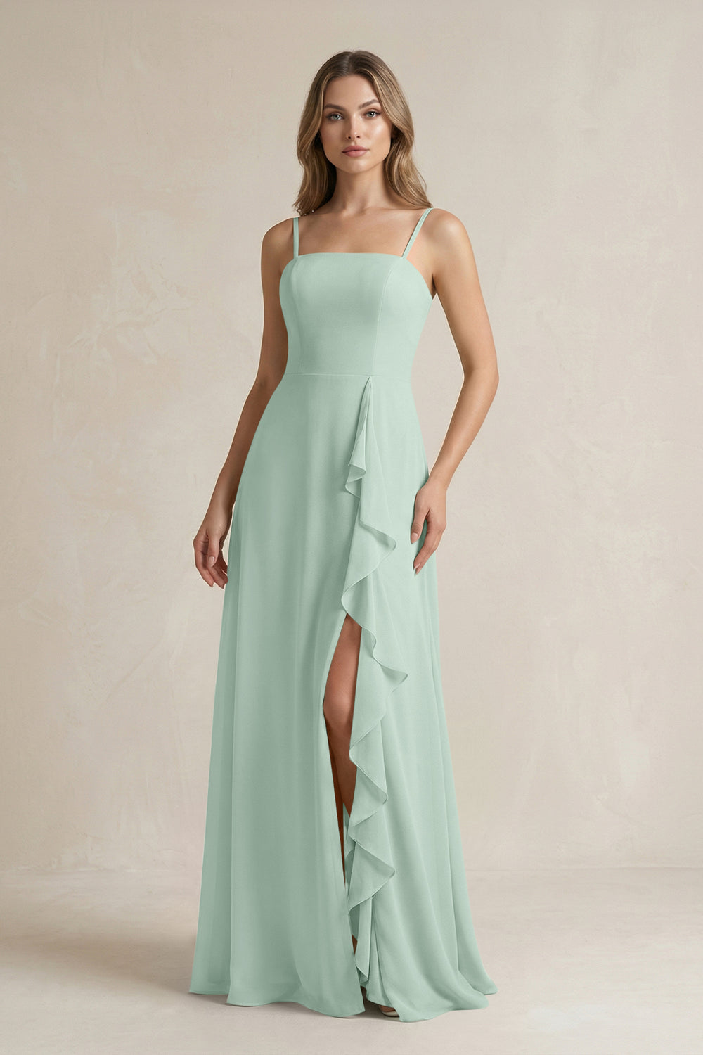 Spaghetti Strap Ruffled A-Line Chiffon Bridesmaid Dress in Sage